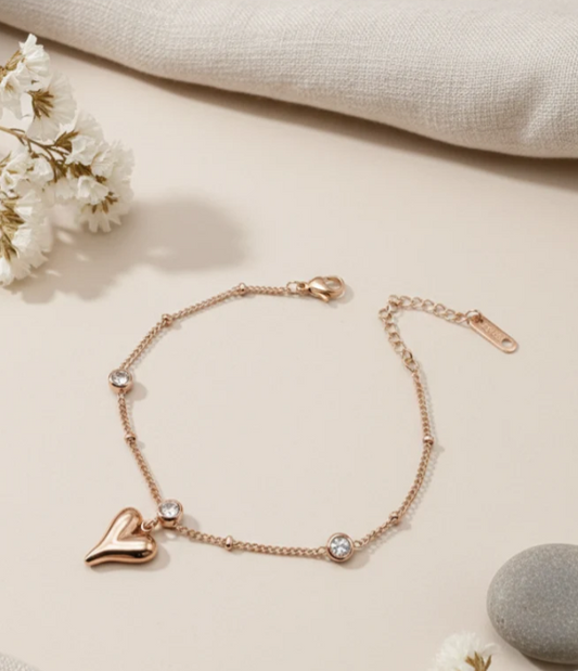 Hanging   Heart   Charm   Rose   Gold   Diamond   Bracelet